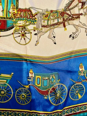 VINTAGE EQUESTRIAN horse&carriage ROYAL BLUE silky SCARF 35’/35’ inches thumbnail 16