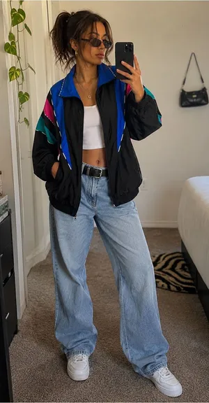 Black Bomber Jacket with Blue, Teal & Pink Panels thumbnail 1
