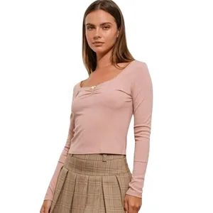 Pretty Garbage Long Sleeve Baby Tee Size L Pink Rib Knit Scoop Dainty Lace‎ Top thumbnail 3