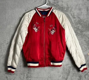 Vintage American Eagle Red Embroidered Bomber Jacket Floral Quilted Streetwear M thumbnail 1