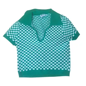 Princess Polly Green Checkered Knit Polo Top Short Sleeve V-Neck Cropped S/M thumbnail 1