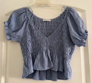 Vestique Blue Smocked Puff Sleeve Blouse thumbnail 1