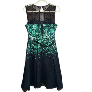 black and green floral cocktail dress sheer polka-dot mesh neckline thin belt 12 thumbnail 3