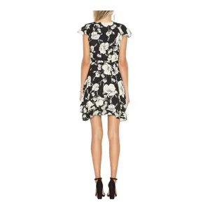 Free People Floral Wrap Mini Dress Womens Size Small Black White Ruffle Flutter‎ thumbnail 3