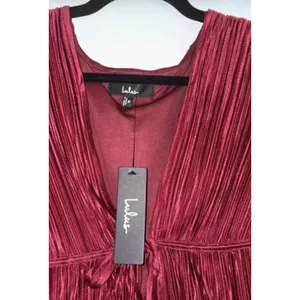 Lulus Luxe Designs Wine Red Plisse Satin Long Sleeve Tie-Front Top Sold Out thumbnail 2
