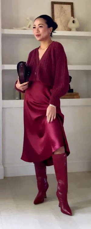 Zara A-line Burgundy Satin Midi Skirt Size S thumbnail 1