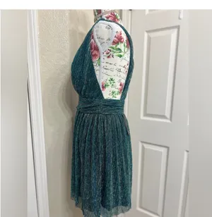 Lulus metallic stripe twist back cocktail dress in gold/teal thumbnail 6