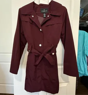London Fog Burgundy Belted Collared Trench Coat Sz L Large Missing The Hood thumbnail 1