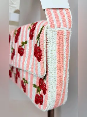NWT Beaded Cherry Shoulder Bag Pink White Handmade India Viral TikTok Purse thumbnail 11