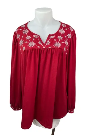 Bloomchic Women's Red Embroidered Snowflake Long Sleeve Shirt Blouse Top 22/24 thumbnail 1