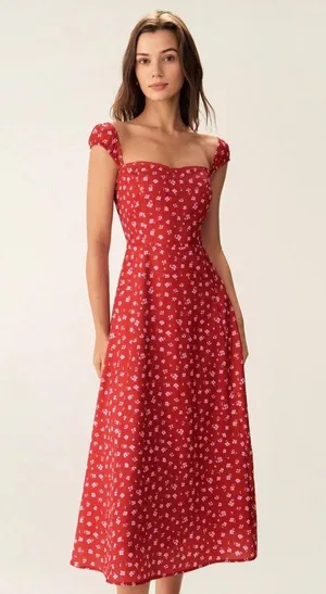 Rihoas Red Floral Sweetheart Neck Cap Sleeve Midi Dress thumbnail 2