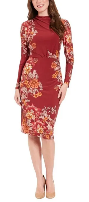 NWT London Times Jersey Knit Floral Sheath Dress Rust Orange / Gold 14 thumbnail 1