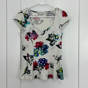 Anthropologie 9H1F STCL Small White Floral Sweetheart Neckline Cap Sleeve Blouse thumbnail 3