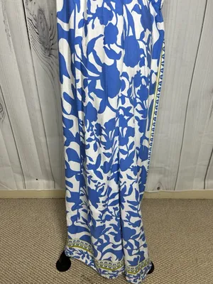Vince Camuto Floral Border Print Smocked Back Maxi Dress Blue White Sz L Rayon thumbnail 7