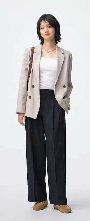 GU Navy Blue Pinstripe Pleated Wide Leg Pants High Rise Office Trousers L thumbnail 1