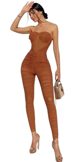 PrettyLittle Thing Chocolate Corset Detail Mesh Ruched Bandeau Jumpsuit NWT thumbnail 1