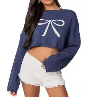 EDIKTED Knit Bow Cropped Sweater‎ Women's XS/S Navy Boho Dainty Coquette Girl thumbnail 1