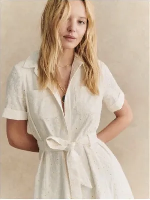 Sezane Adele Short Sleeve Embroidered Midi Dress Eyelet Collar Ecru FR 36 US 4 thumbnail 2