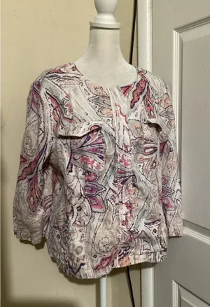 Chicos 100% Linen Paisley Zip Front Jacket Pink Purple Orange Size 2 L Large thumbnail 1