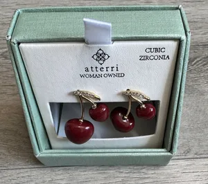Atterri Red Cherry Cubic Zirconia Gold‎ Tone Drop Earrings NIB Woman Owned thumbnail 1