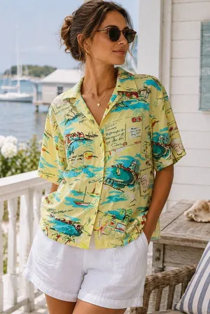 Vtg 90s Weekend Clothes Line Tropical Top Sz L Cabana Italian Summer Postcard thumbnail 1