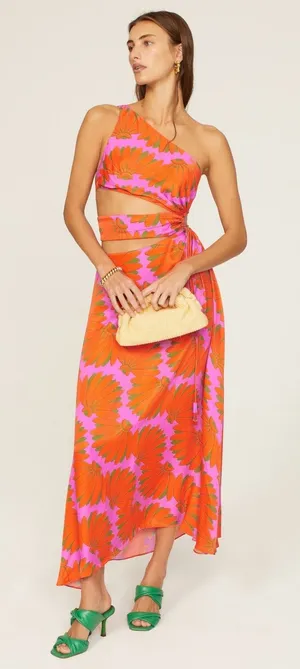 Farm Rio Copacabana Orange Printed One Shoulder Cut Out Maxi Dress Size Large thumbnail 1