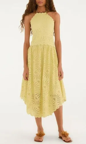 NWOT Farm Rio Embroidered Eyelet A-Line Asymmetry Beads Midi Dress Size L Cotton thumbnail 1