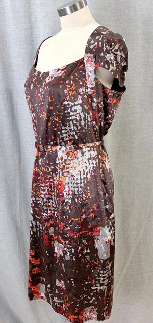 David Meister‎ Brown Abstract Print Silk Blend Belted Sheath Dress 12 thumbnail 1