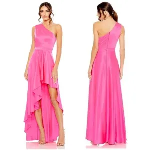 MAC DUGGAL One-Shoulder High-Low Satin Gown in Hot Pink Size Large thumbnail 1