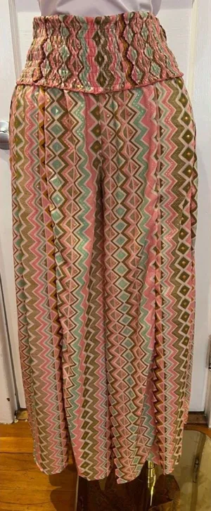 Silk Blend Wide-Leg Pants Pink Earth Tone Geometric Print Bohemian Resort Wear thumbnail 1