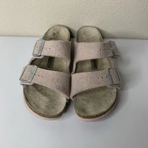 Birkenstock Arizona Shearling Sandals Sz 37 US 6 Pink Suede Fuzzy Wool Slides thumbnail 4
