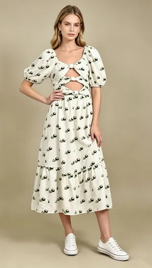 NWOT Farm Rio Linen Blend Cutout Tie Front Embroidered Tiered Midi Dress Size XS thumbnail 1