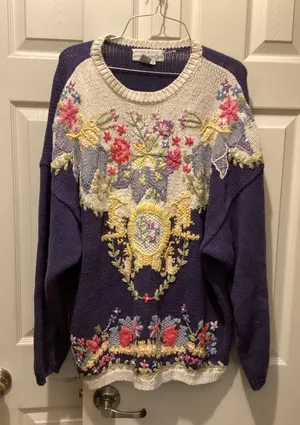 Embroidered Floral Crewneck Sweater in Purple and Cream thumbnail 1