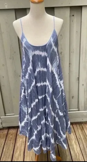 Made In Italy Blue Tie Dye Bohemian Maxi 100% Cotton Sun Dress Size M thumbnail 1