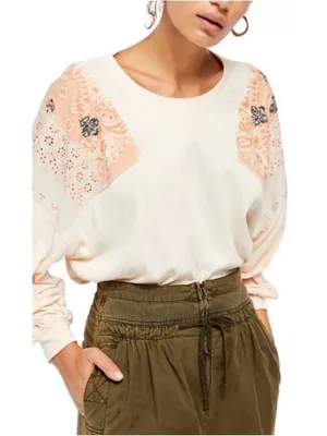 We the Free Feelin It Patchwork Paisley Peach Top Western Boho Free People Small thumbnail 7