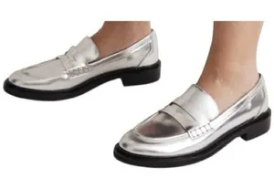 Madewell The Vernon Metallic Silver Leather Penny Loafers Size 6 thumbnail 1