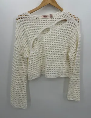 Willow Root Sweater Womens‎ Size L Cream Open Knit Boho Flare Cut Out Y2K Knit thumbnail 1