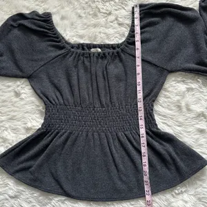 Sweater Plush Square-Neck Smocked Top Long Sleeve Dark Gray M thumbnail 12