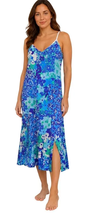 BeautySleep Social Nightgown or Dress Women Large Blue Floral Patchwork‎ Midi thumbnail 1
