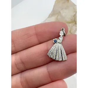 Vintage Sterling Silver Bride Bouquet Charm Blue Glass Stone Dress Pendant 1.8g‎ thumbnail 4