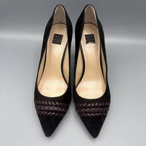 White House | Black Market High Heels Size 8 Black Suede Olivia Whipstitch Purple Braided Pumps Gothic thumbnail 3