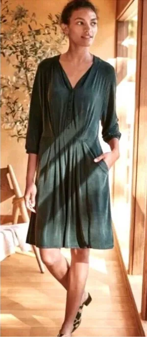 GARNET HILL‎ Aria Cuprio Knit Dress Emerald Green Size Small Pockets Knee Length thumbnail 1