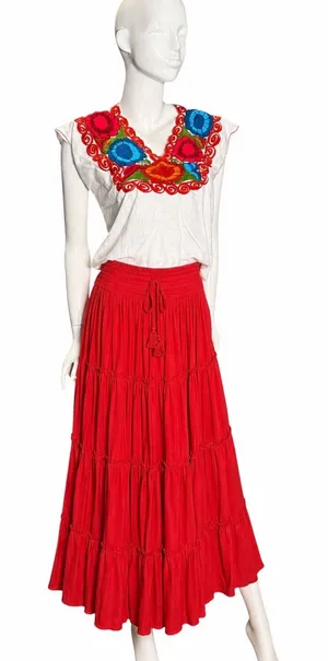 Vintage Mexican Embroidered Floral Huipil Blouse White V-Neck Cap Sleeve Top M thumbnail 1
