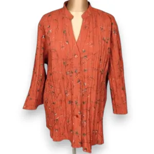 Dressbarn 3X Orange Floral Embroidered Button Up‎ Blouse V-Neck Boho Pintuck thumbnail 3