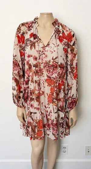 [H&M] Pink Floral Print V-Neck Tiered Chiffon Balloon Sleeve Mini Dress Size 6 thumbnail 1