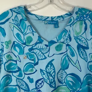 Fresh Produce Womens XL Blue Floral V-Neck Short Sleeve Cotton‎ T-Shirt Made USA thumbnail 3