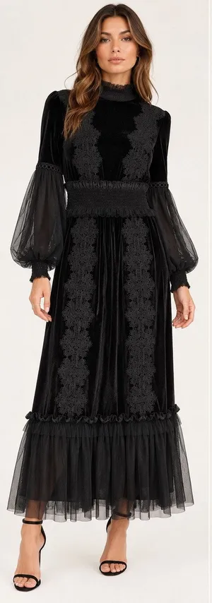 TOV Los Angeles Black Velvet Lace Maxi Dress Size 38 US 6 Small Witchy Victorian thumbnail 1