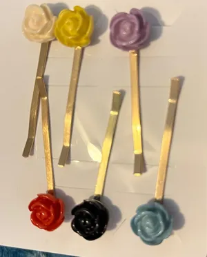 Gold Bobby Pins with Multicolor Rose Accents - Set of 6 thumbnail 1