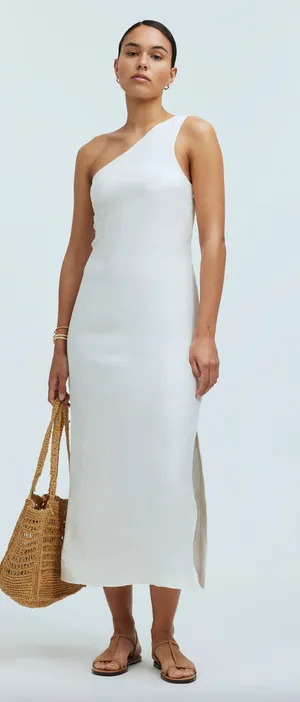 Madewell One Shoulder Midi Dress Linen Blend Lighthouse Minimalist US 4 NWT thumbnail 1