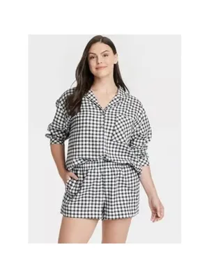 Auden NWT Women's Flannel Black White Checkered Top Shorts Pajama Set Size L thumbnail 3